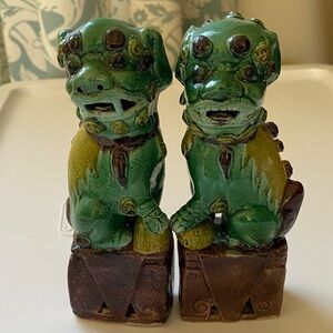 A Pair of Antique Asian Green and Yellow Porcelain Foo Dogs/Lions 6" Tall